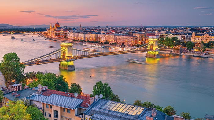 An aerial view of Budapest at sunset